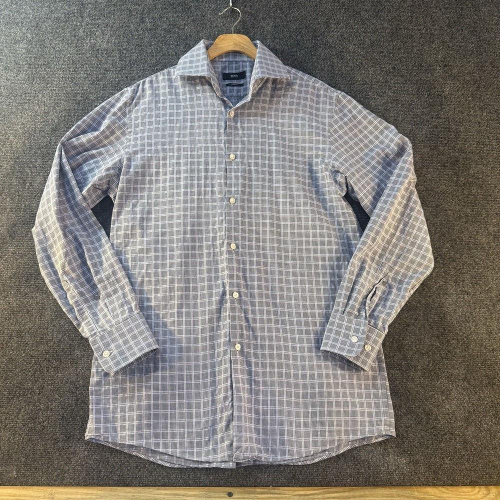 BOSS Hugo Boss Sharp Fit Dress Shirt Mens 15.5 Blue Check Plaid 100% Cotton